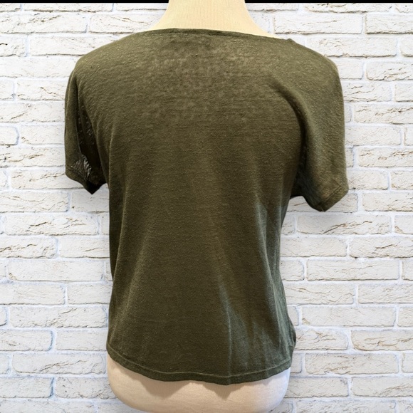 WHBM Olive Green Short Sleeve Linen Top with Gold bead Accents Size Small - Picture 3 of 6